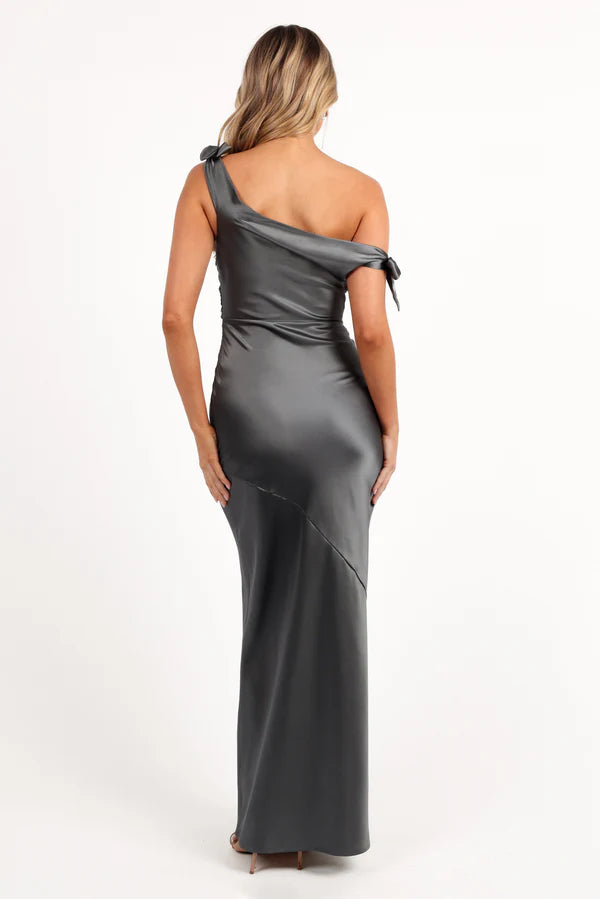 Sleek Satin One Shoulder Bow Detail Short Sleeve Solid Back Maxi Evening Dress