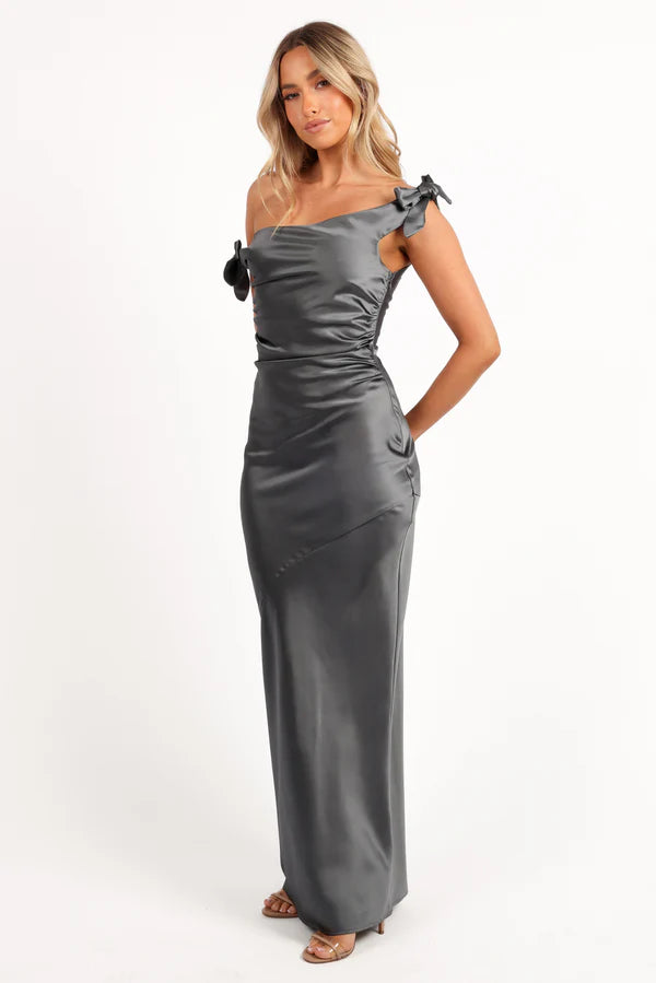 Sleek Satin One Shoulder Bow Detail Short Sleeve Solid Back Maxi Evening Dress
