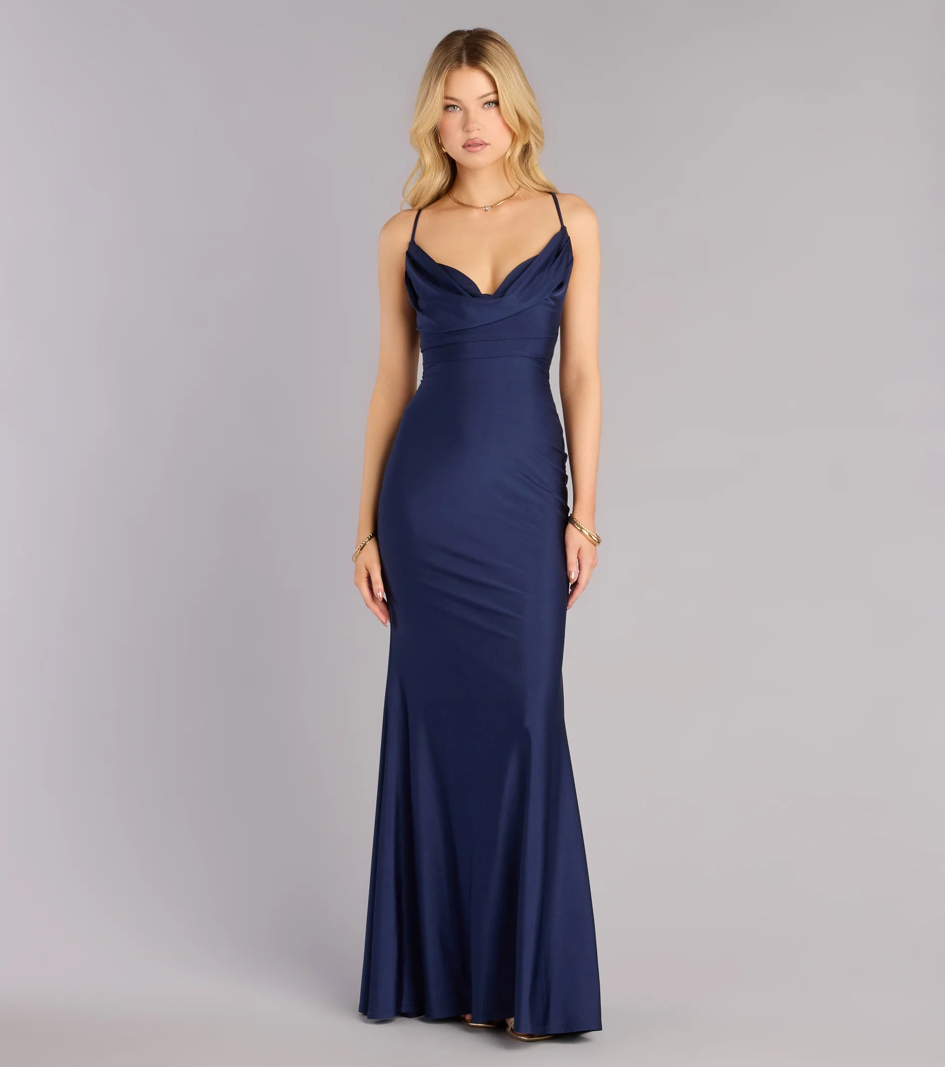 Sleek Satin Spaghetti Strap Cowl Neck Ruched Waist Lace-Up Back Mermaid Prom Dress