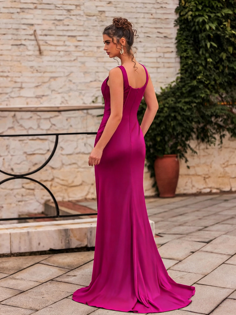 Sleek Stretch Jersey Mermaid Square-Neck Sleeveless Structured-Bodice Slit Floor Length Evening Dress