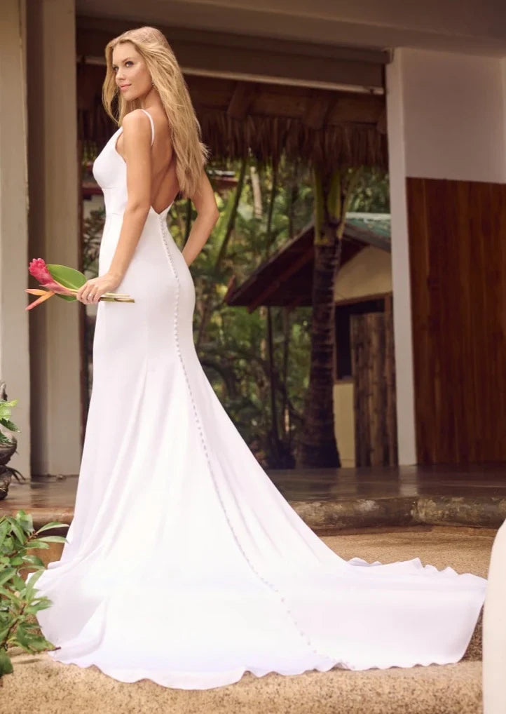Sleek Beach Sexy Satin Sheath Deep V-Neck Spaghetti Strap Low Button Back Floor-Length Wedding Dresses
