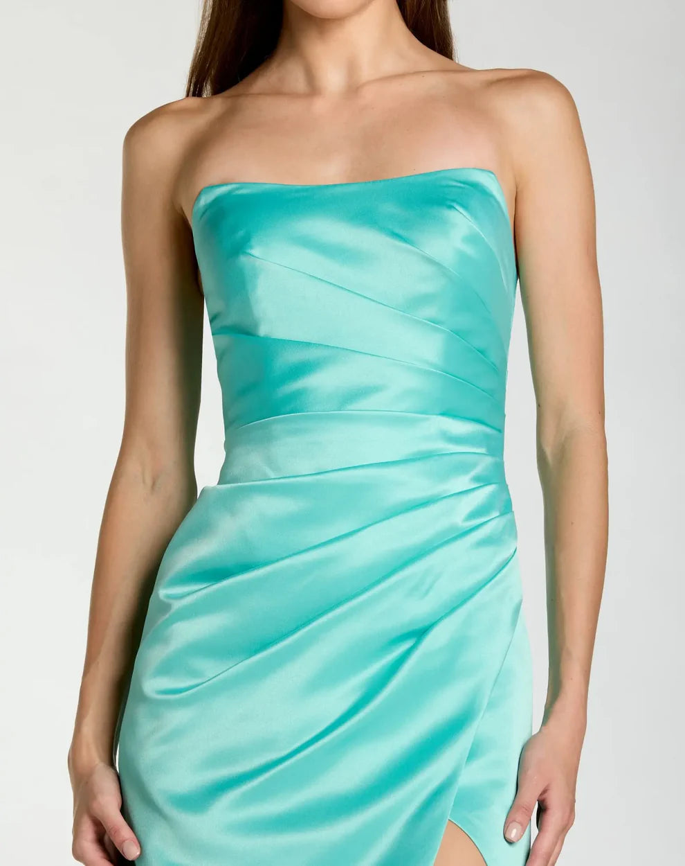 Sleek Form-Fitting Strapless Sleeveless Ruched Open Back Satin Maxi Evening Dress