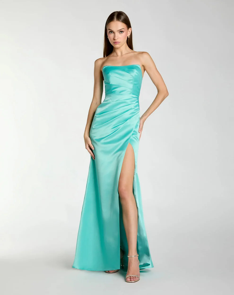 Sleek Form-Fitting Strapless Sleeveless Ruched Open Back Satin Maxi Evening Dress