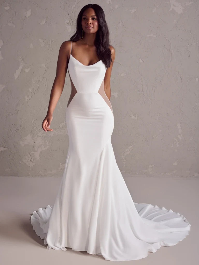 Sleek Sexy Beach Satin Mermaid Cowl Neck Spaghetti Strap Low Back Floor-Length with Train Wedding Dresses