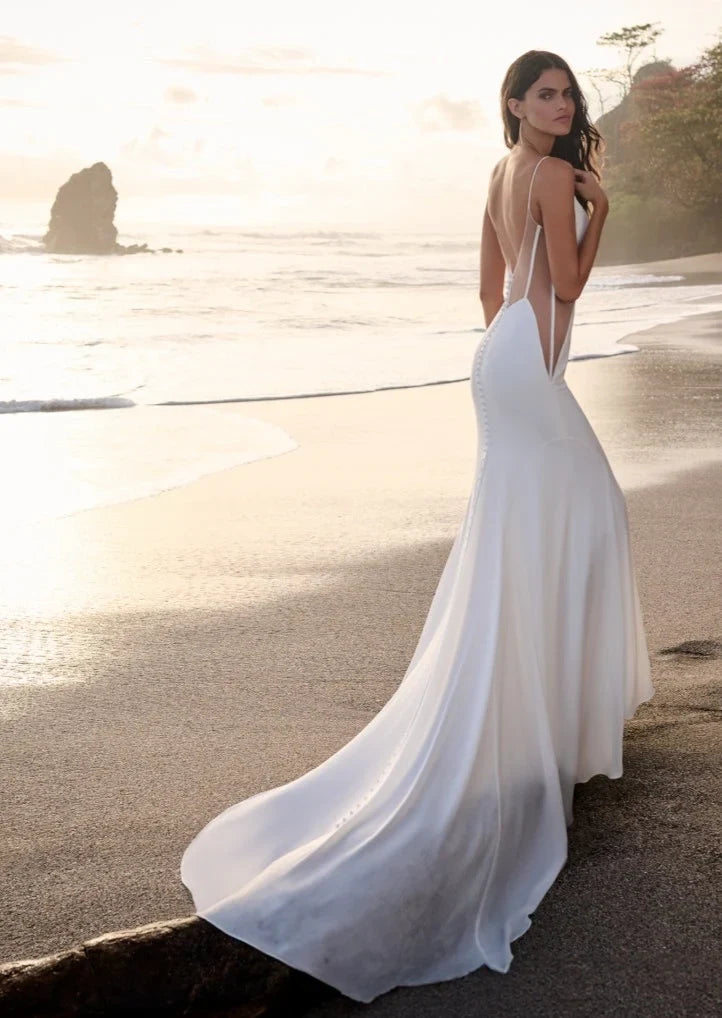 Sleek Sexy Beach Satin Mermaid Cowl Neck Spaghetti Strap Low Back Floor-Length with Train Wedding Dresses