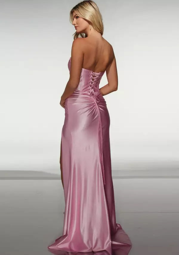 Sleek satin strapless sweetheart corset-bodice bow-detail high-slit floor-length evening dress