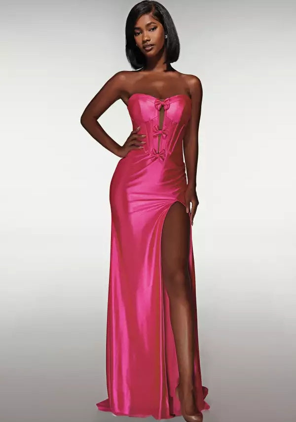 Sleek satin strapless sweetheart corset-bodice bow-detail high-slit floor-length evening dress