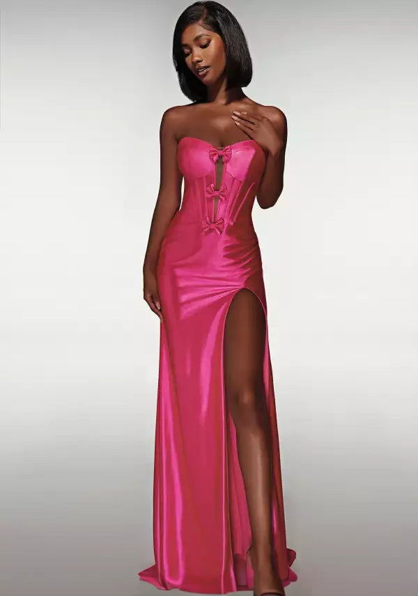 Sleek satin strapless sweetheart corset-bodice bow-detail high-slit floor-length evening dress
