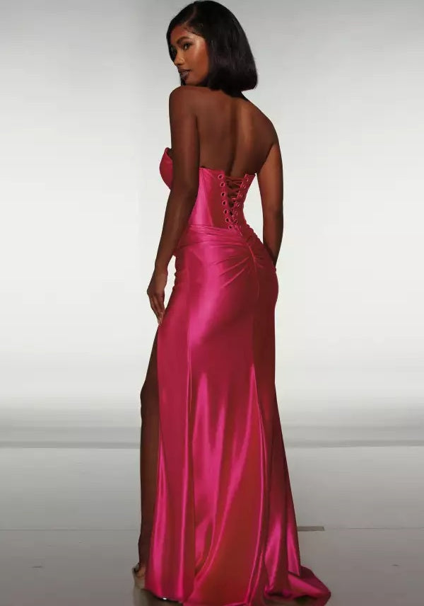 Sleek satin strapless sweetheart corset-bodice bow-detail high-slit floor-length evening dress