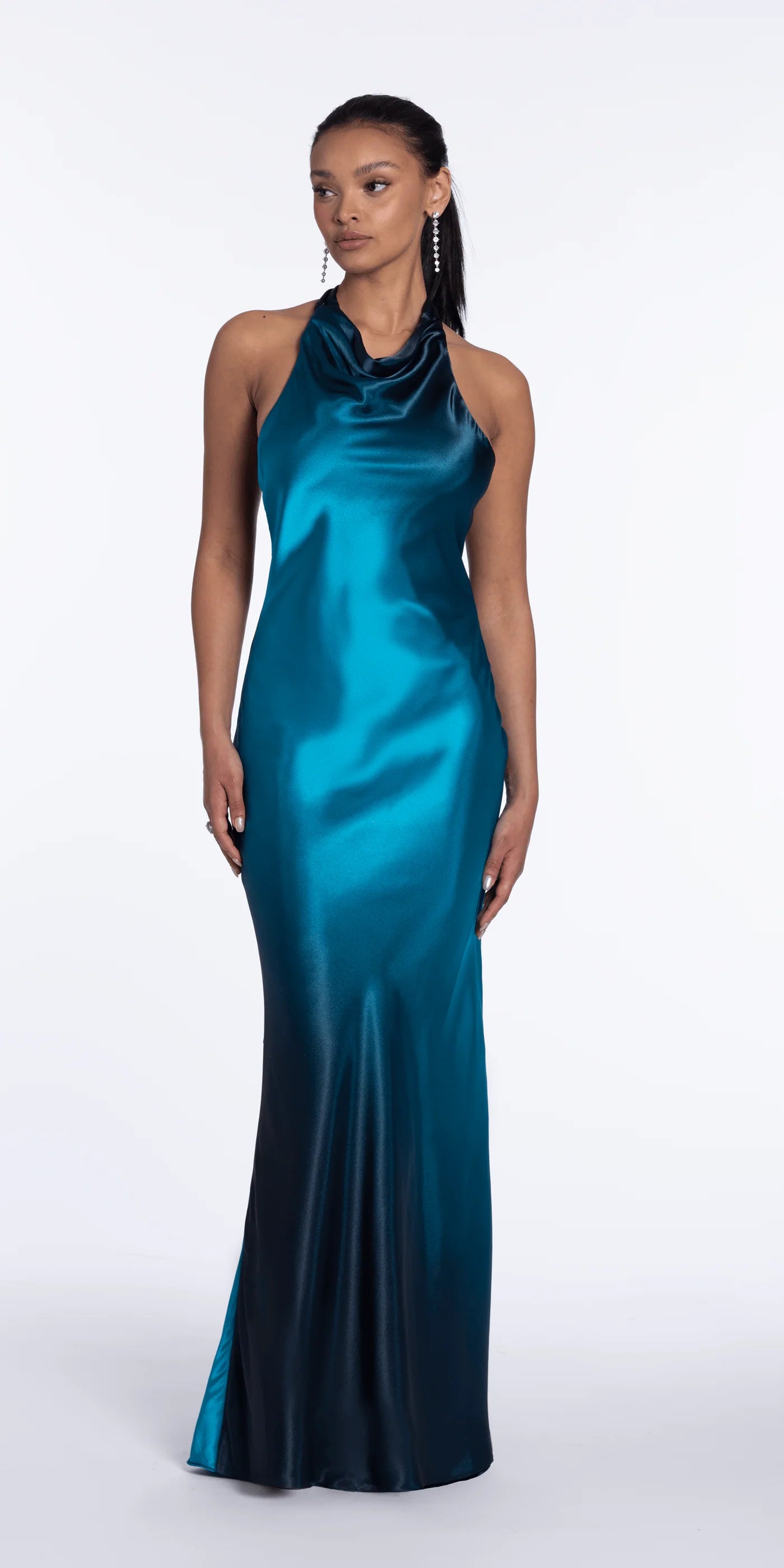 Sleek halter neck ombre satin evening dress with cowl detail, open back and train