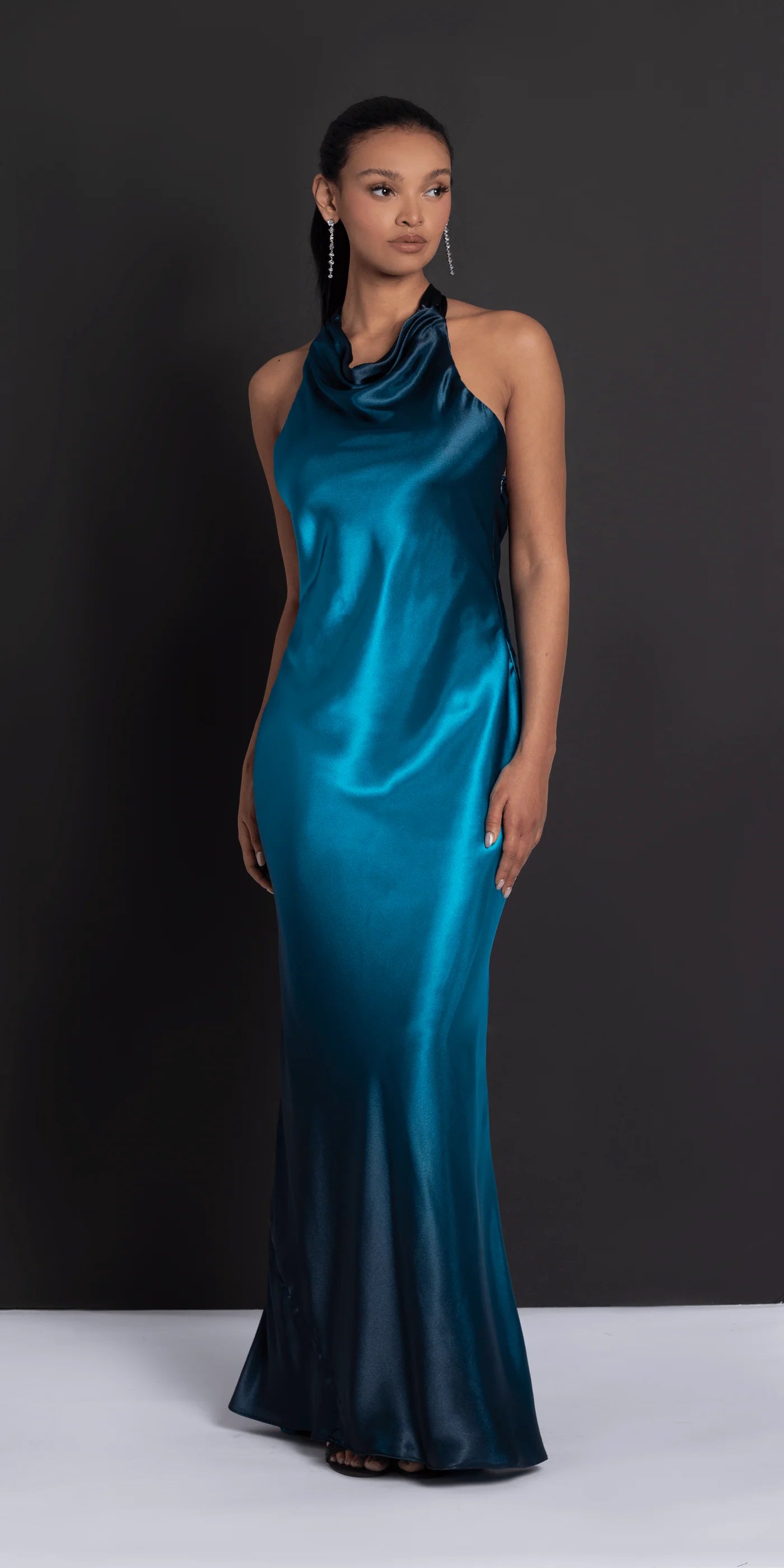 Sleek halter neck ombre satin evening dress with cowl detail, open back and train
