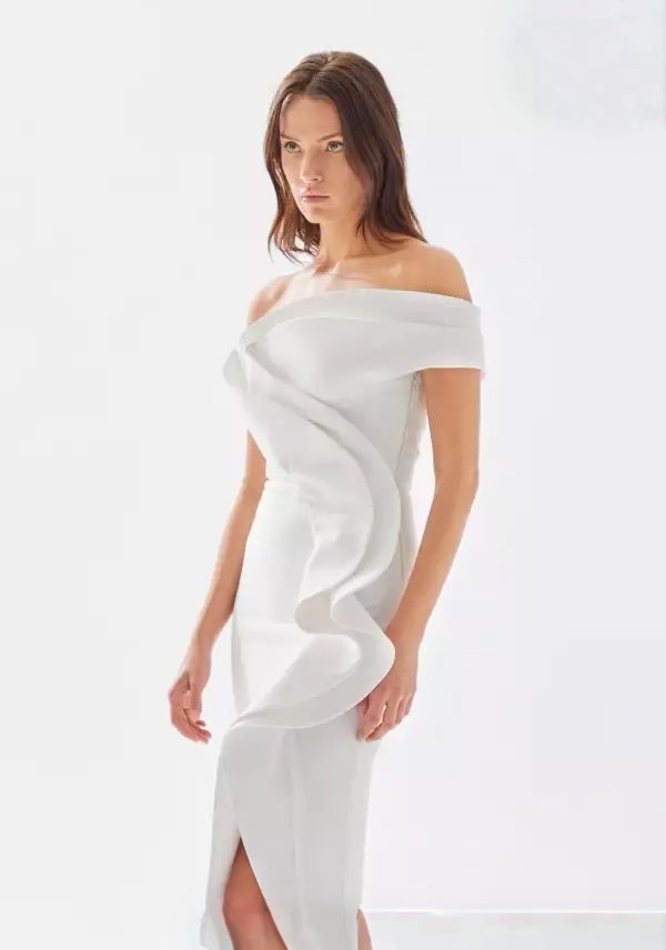 Sleek mermaid off-the-shoulder ruffled-bodice high-slit floor-length evening dress