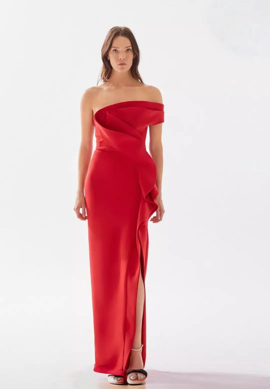 Sleek mermaid off-the-shoulder ruffled-bodice high-slit floor-length evening dress