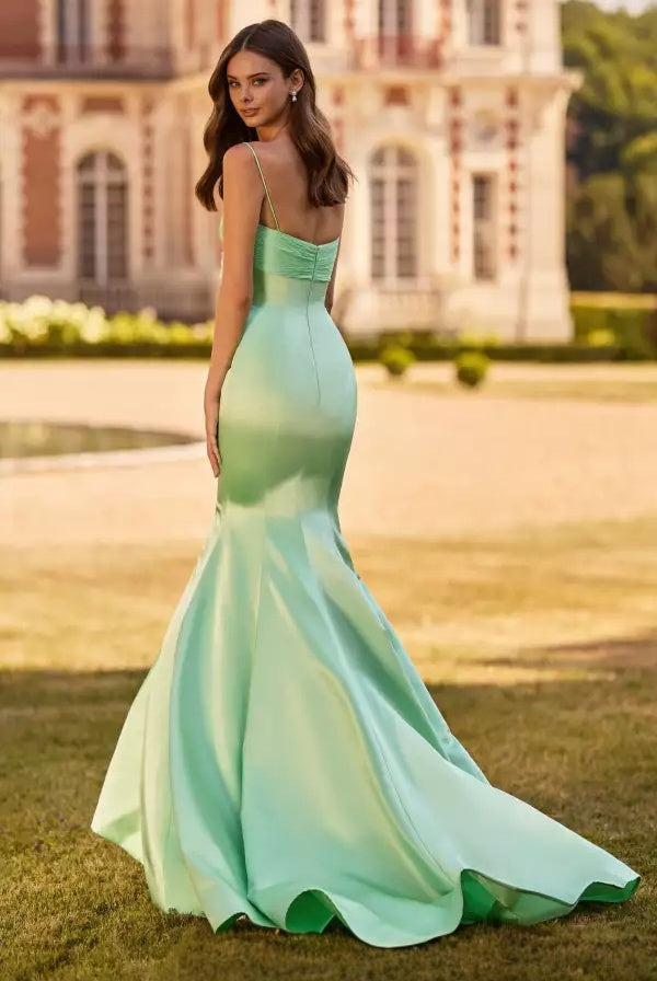 Sleek mermaid spaghetti-strap V-neck bow-front floor-length evening dress