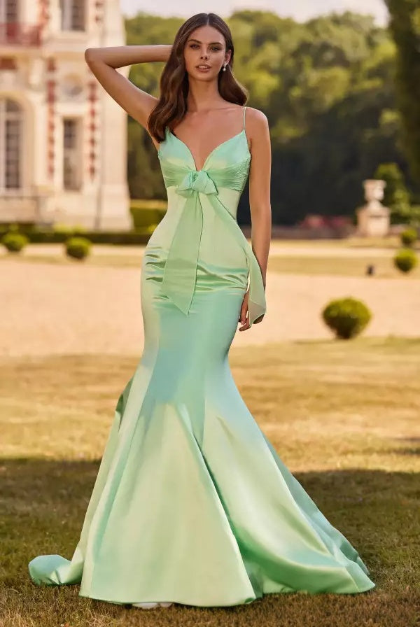 Sleek mermaid spaghetti-strap V-neck bow-front floor-length evening dress