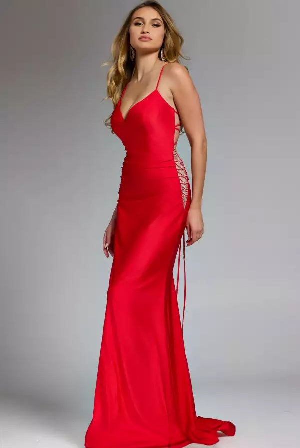 Sleek mermaid spaghetti-strap sweetheart lace-up side floor-length evening dress