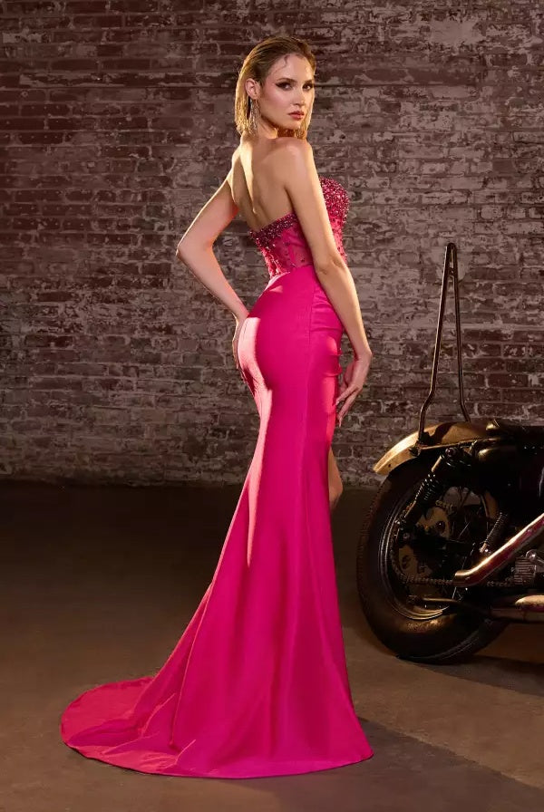 Sleek mermaid strapless straight-neck beaded-bodice high-slit floor-length evening dress