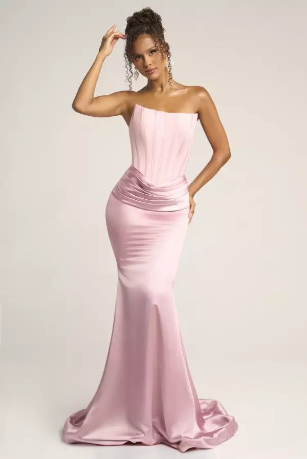 Sleek mermaid strapless straight-neck corset-bodice draped-waist floor-length evening dress