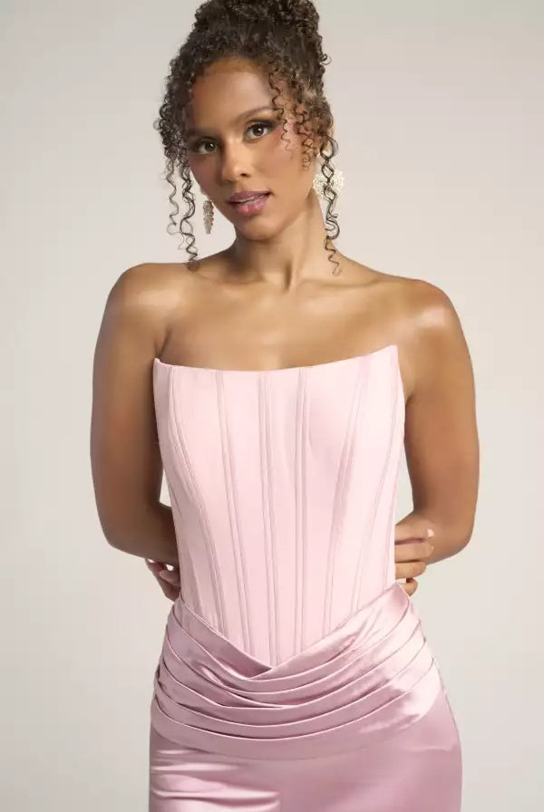 Sleek mermaid strapless straight-neck corset-bodice draped-waist floor-length evening dress