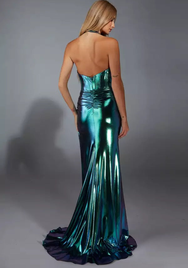 Sleek metallic halter-neck V-neck corset-bodice high-slit floor-length evening dress