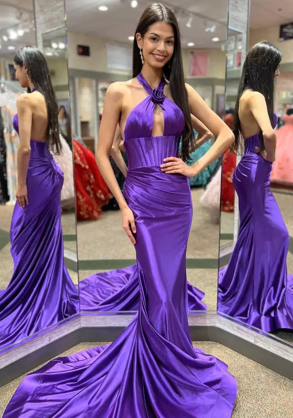 Sleek satin halter-neck keyhole corset-bodice draped-waist floor-length evening dress