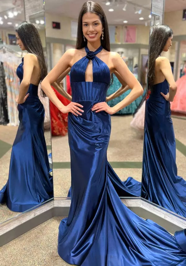 Sleek satin halter-neck keyhole corset-bodice draped-waist floor-length evening dress