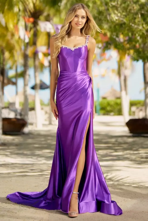 Sleek satin spaghetti-strap sweetheart beaded-bodice high-slit floor-length evening dress
