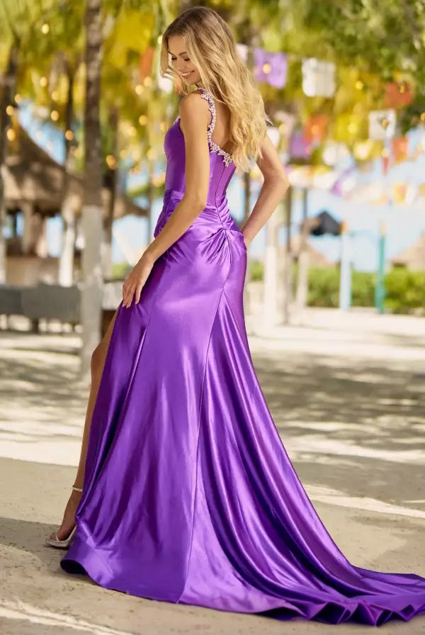 Sleek satin spaghetti-strap sweetheart beaded-bodice high-slit floor-length evening dress