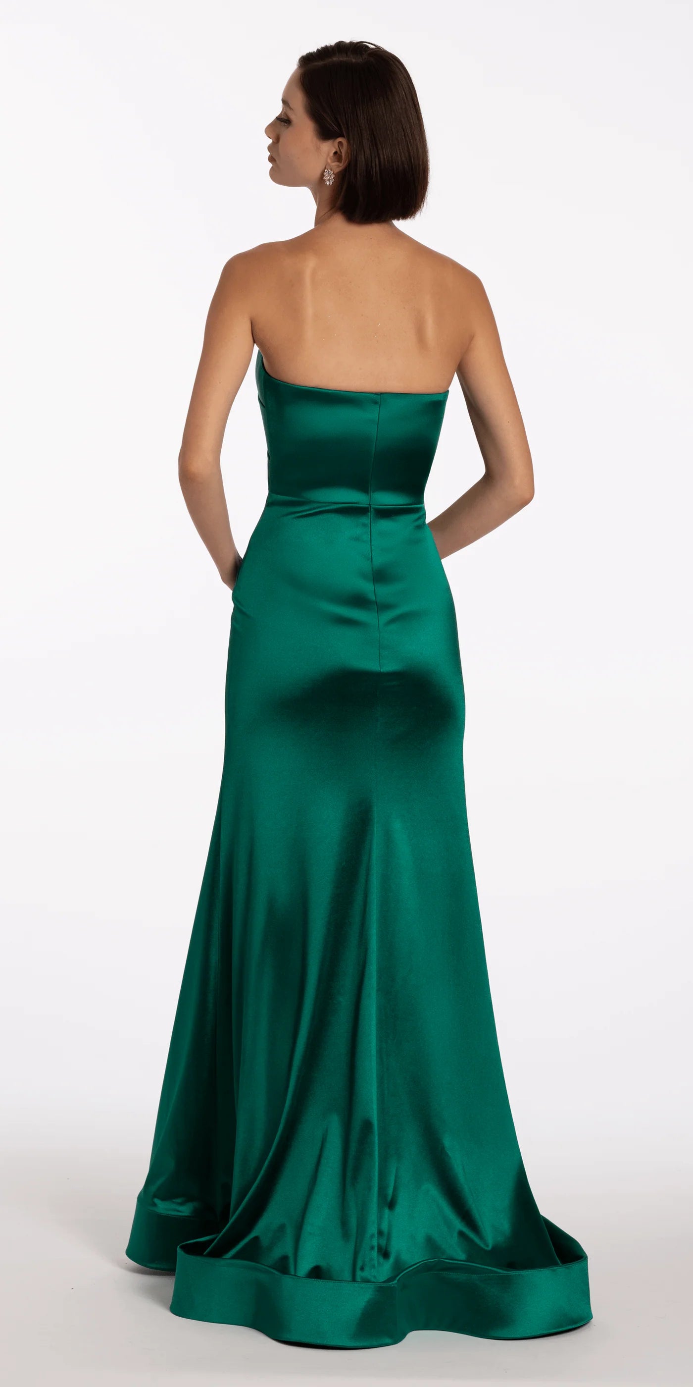 Sleek strapless satin evening dress with folded bodice detail, mermaid skirt and train