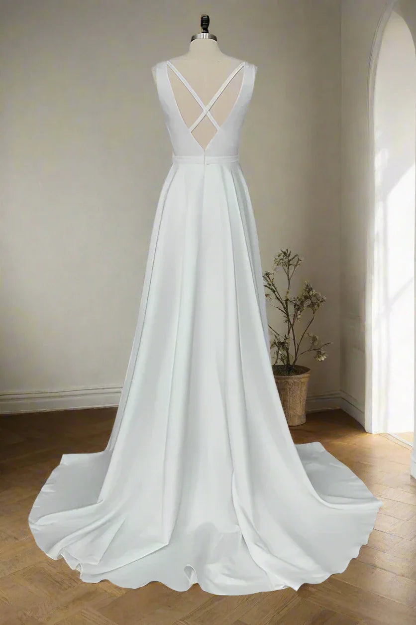 Sleeveless Wedding Dresses with Deep V-Neck, Crisscross Open Back and Satin Train Bridal Gown