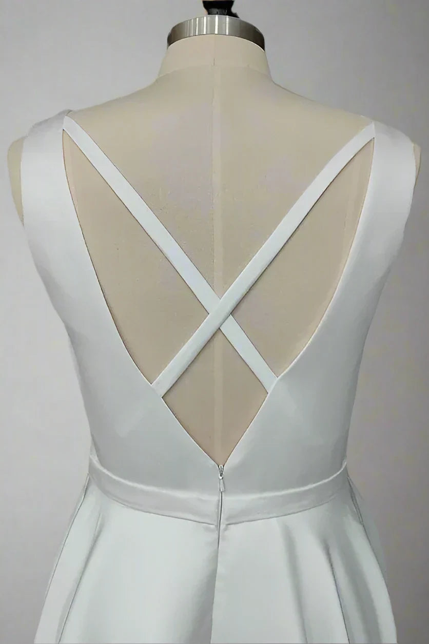 Sleeveless Wedding Dresses with Deep V-Neck, Crisscross Open Back and Satin Train Bridal Gown