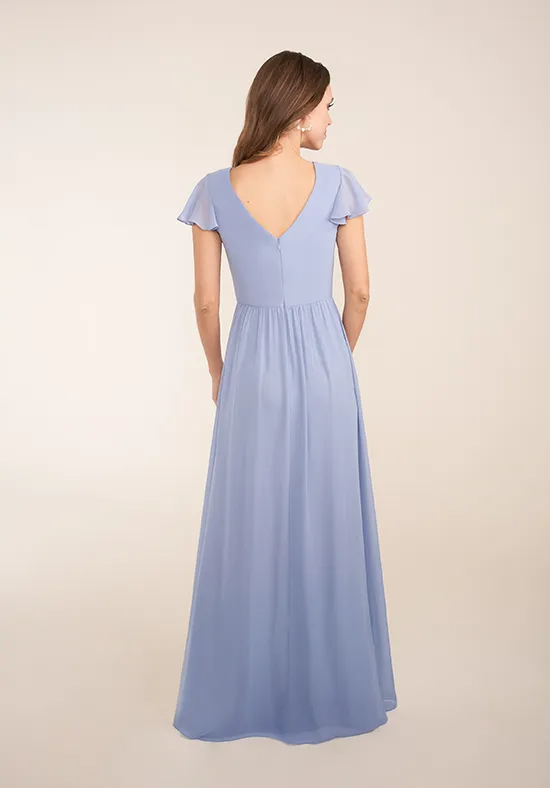 Soft Airy Dusty Blue A-Line Keyhole V Neck Ruffle Short Sleeves Deep V Zipper Back High Slit Floor Length Bridesmaid Dress