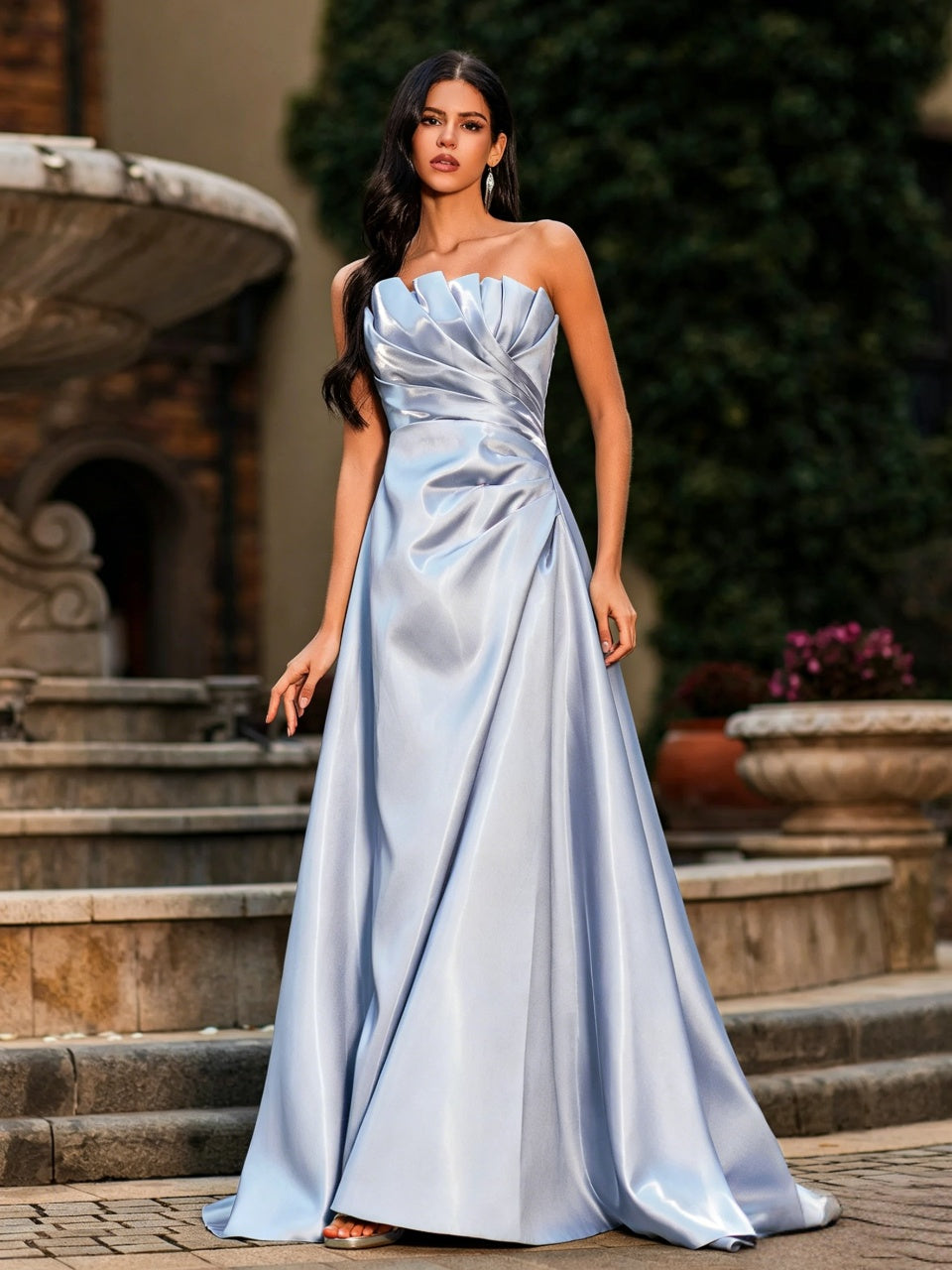 Soft Blue Satin A-Line Strapless Pleated Neck Floor Length Evening Dress