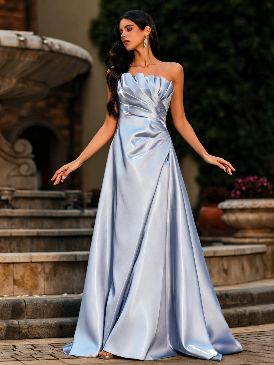 Soft Blue Satin A-Line Strapless Pleated Neck Floor Length Evening Dress