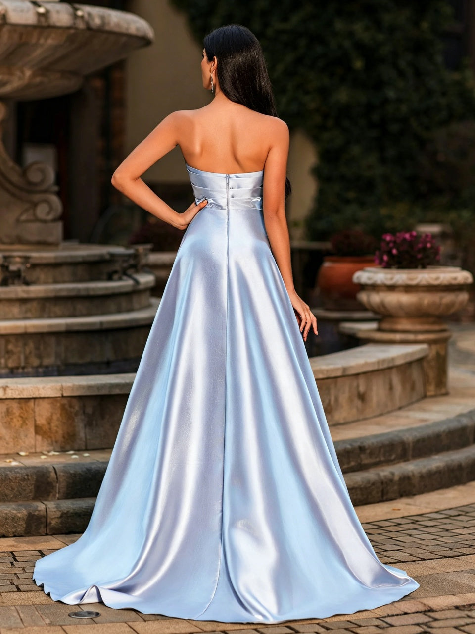 Soft Blue Satin A-Line Strapless Pleated Neck Floor Length Evening Dress
