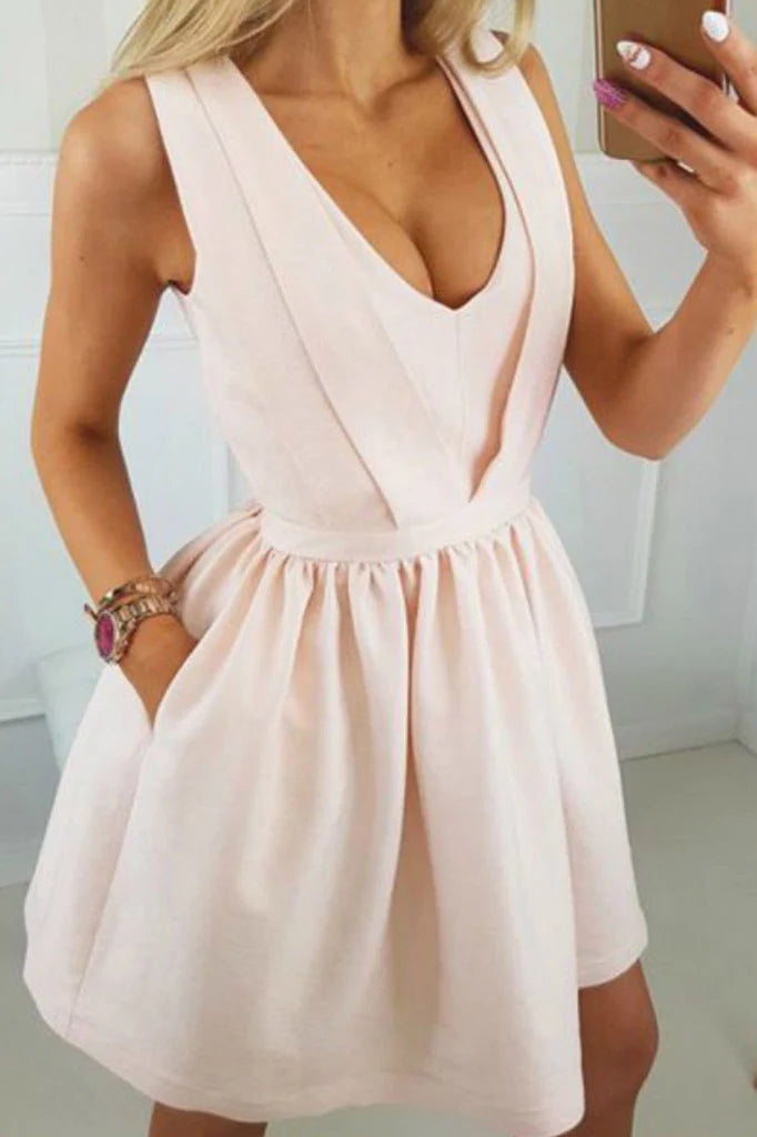 Soft Blush Fit Flare Mini Deep V Neck Sleeveless Double Square Cutout Back Mini Length Homecoming Dresses