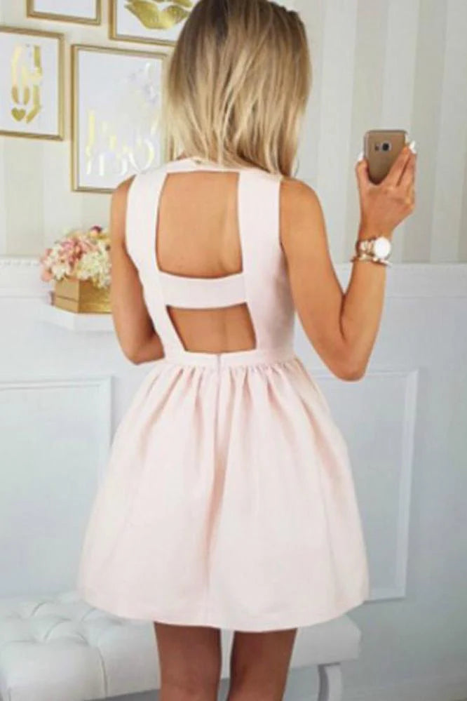 Soft Blush Fit Flare Mini Deep V Neck Sleeveless Double Square Cutout Back Mini Length Homecoming Dresses