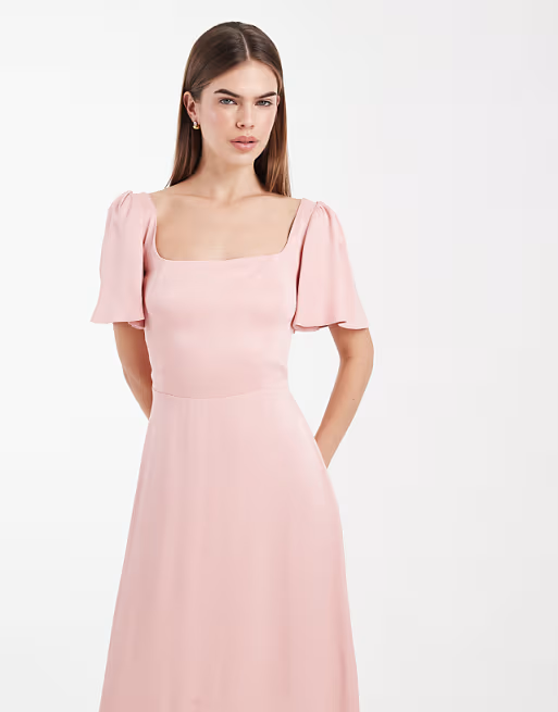 Soft Bridesmaid Dress Square Neck Short Puffed Sleeves Smocked Back Floor-Length