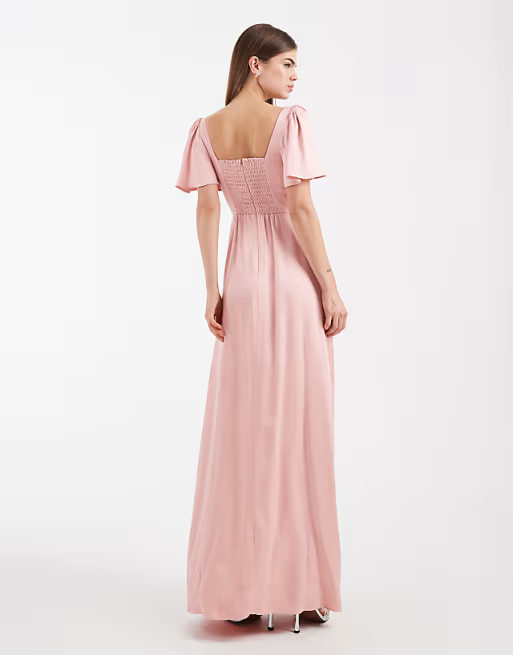 Soft Bridesmaid Dress Square Neck Short Puffed Sleeves Smocked Back Floor-Length