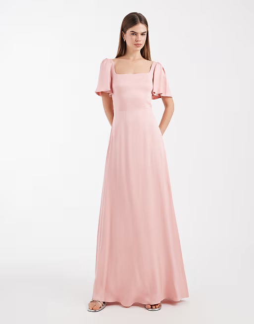 Soft Bridesmaid Dress Square Neck Short Puffed Sleeves Smocked Back Floor-Length