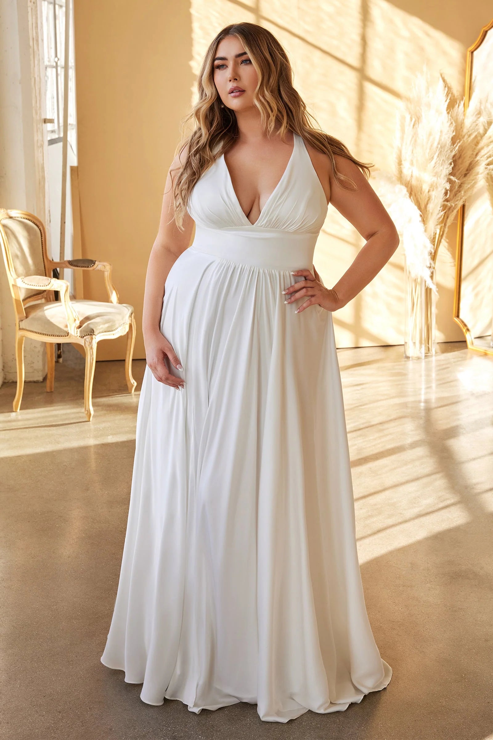 Soft Chiffon A-Line V-Neck Sleeveless High Slit Floor Length Prom Dress
