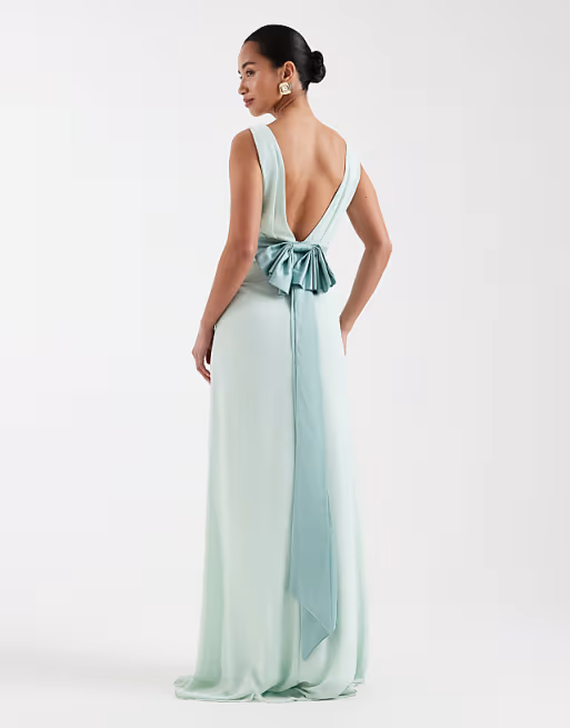 Soft Chiffon Bridesmaid Dress Boat Neck Sleeveless V-Back Bow Waist Floor-Length
