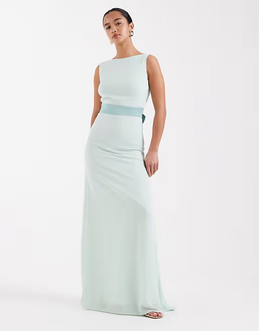 Soft Chiffon Bridesmaid Dress Boat Neck Sleeveless V-Back Bow Waist Floor-Length