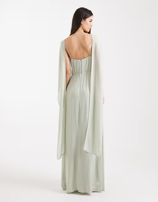 Soft Chiffon Bridesmaid Dress Capelet Overlay Asymmetrical Neck Sleeveless Waist Tie Floor-Length