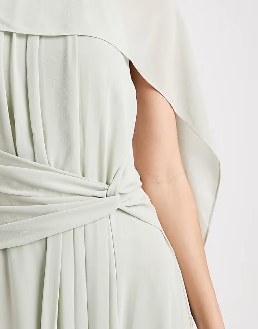 Soft Chiffon Bridesmaid Dress Capelet Overlay Asymmetrical Neck Sleeveless Waist Tie Floor-Length