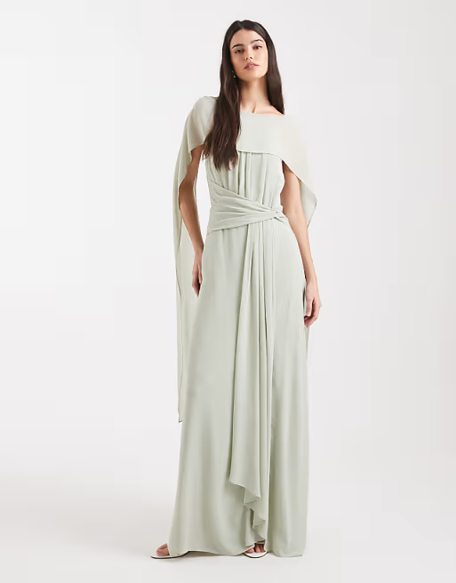 Soft Chiffon Bridesmaid Dress Capelet Overlay Asymmetrical Neck Sleeveless Waist Tie Floor-Length