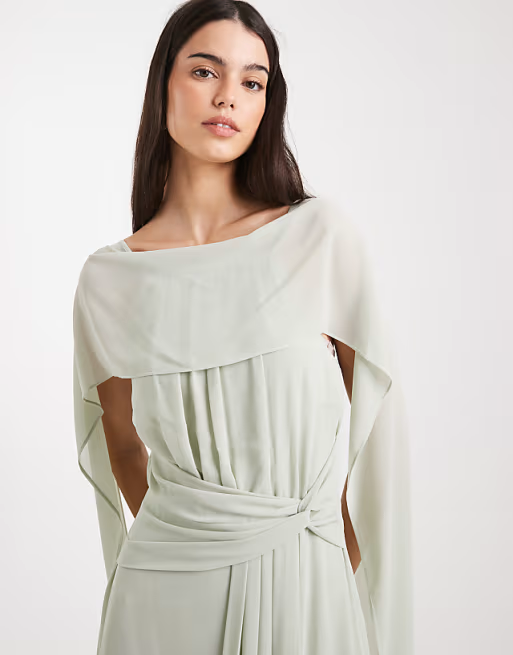 Soft Chiffon Bridesmaid Dress Capelet Overlay Asymmetrical Neck Sleeveless Waist Tie Floor-Length
