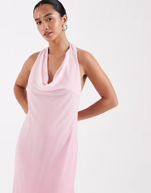 Soft Chiffon Bridesmaid Dress Cowl Neck Halter Open Back Bow Floor-Length