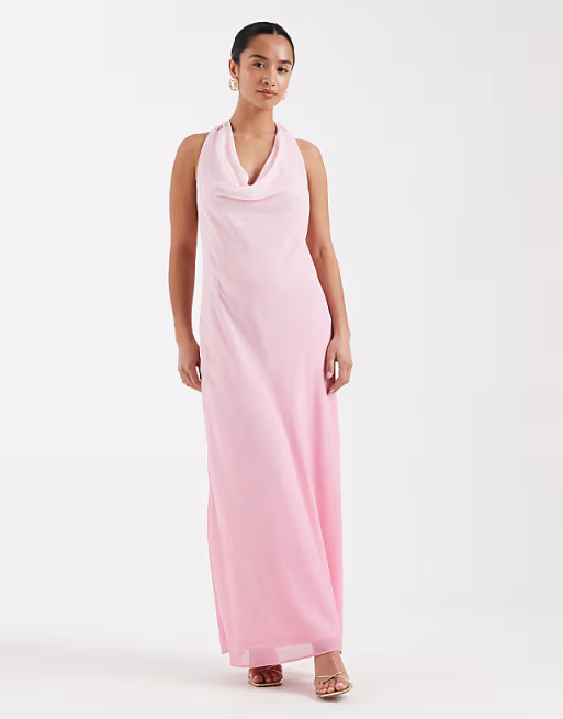 Soft Chiffon Bridesmaid Dress Cowl Neck Halter Open Back Bow Floor-Length