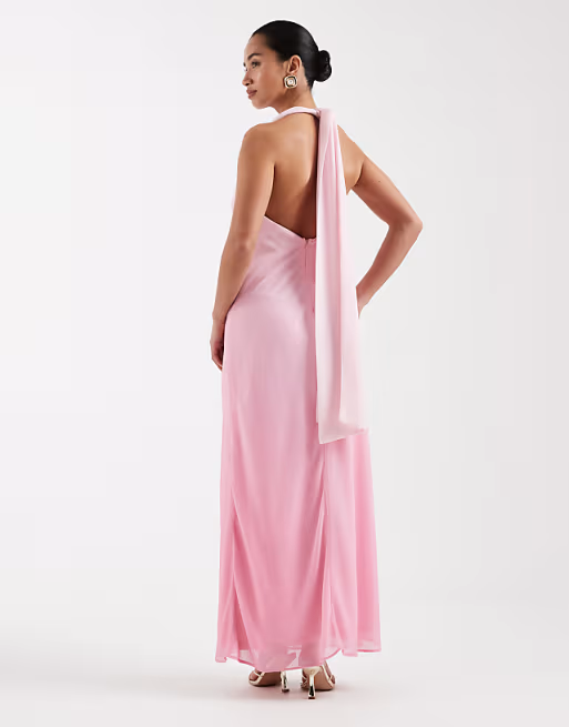 Soft Chiffon Bridesmaid Dress Cowl Neck Halter Open Back Bow Floor-Length